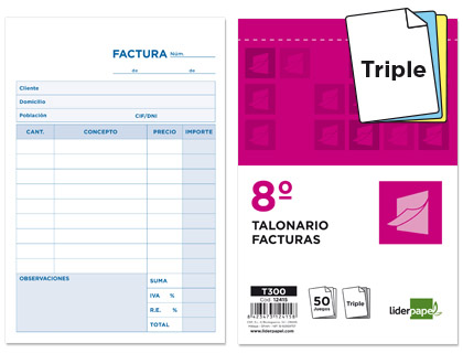 Talonario Liderpapel Facturas 8º natural 50 juegos triplicado con iVA